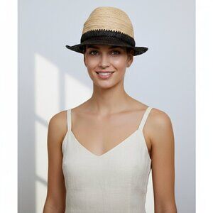 Country Road Duo Tone Straw Fedora Sun Hat Cream Black Women One Size